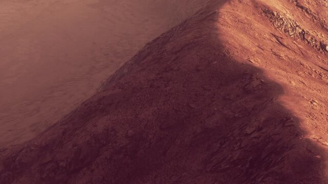 A stunning view of the Martian surface showcases its rugged slopes and deep shadows. The reddish hues emphasize the planets dry, mysterious beauty. An enchanting glimpse into outer space.