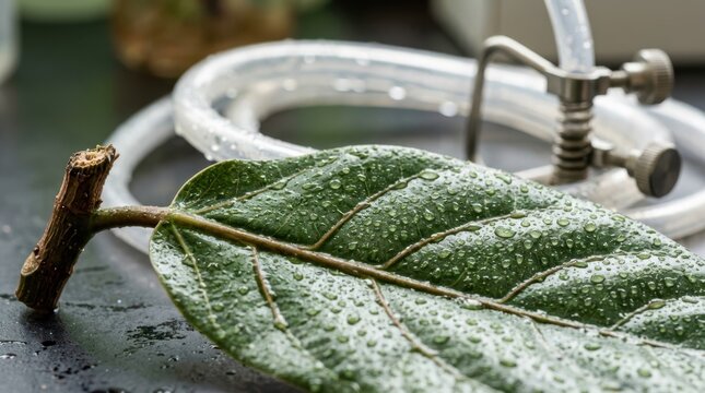 Wax leaf tissue with water droplets, clipped stem, exposed veins, lab tubing, and stainless sample clamp