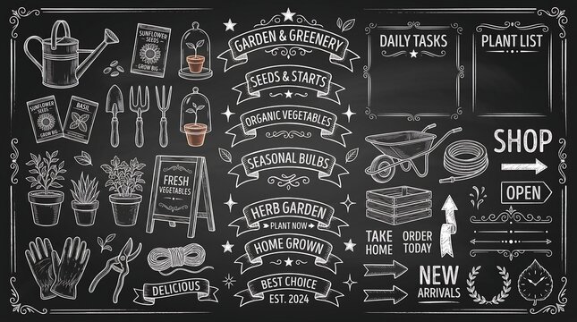 Vintage garden chalkboard icons, hand drawn gardening illustrations on black board, rustic plant shop signage elements