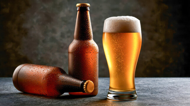 Cold beer bottle advertisement shows two bottles and a glass