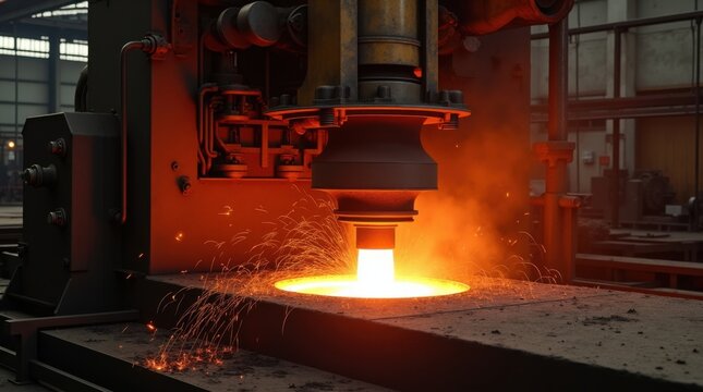 M&aacute;quina de forja industrial de gran potencia que moldea acero al rojo vivo bajo una enorme presi&oacute;n mec&aacute;nica