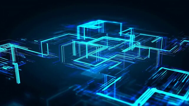 Glowing digital grid lines drift through a dark blue futuristic technology background. Technology presentations, software advertising, and cybersecurity campaigns.