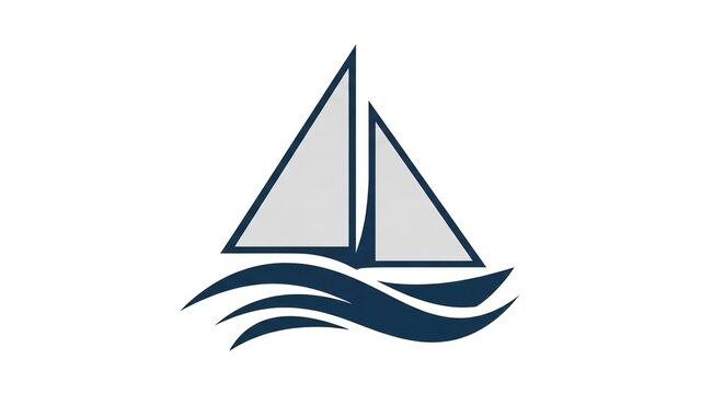 Sailboat and ocean waves graphic icon. Featuring a yacht with two sails navigating sea water. Minimalist vector illustration for maritime branding tourism and travel projects