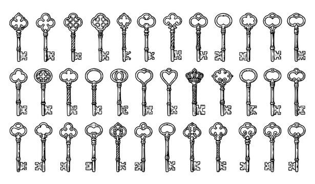 Hand Drawn Vintage Skeleton Key Icon Set in Engraved Vector Illustration Style