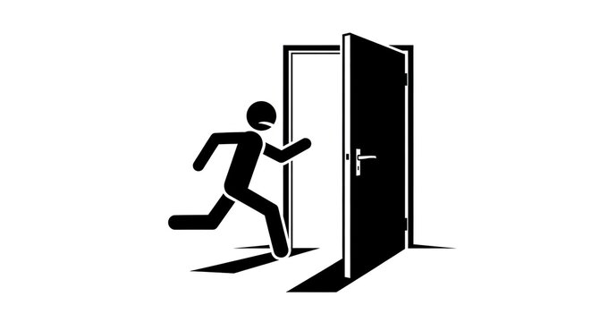 Stick figure running through an open door vector icon. Panic and emergency exit symbol. Frightened person escaping from danger. Black and white graphic silhouette for safety signs and web design