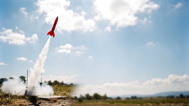 Model rocket launch with a smoke trail ascending into a blue sky with fluffy white clouds