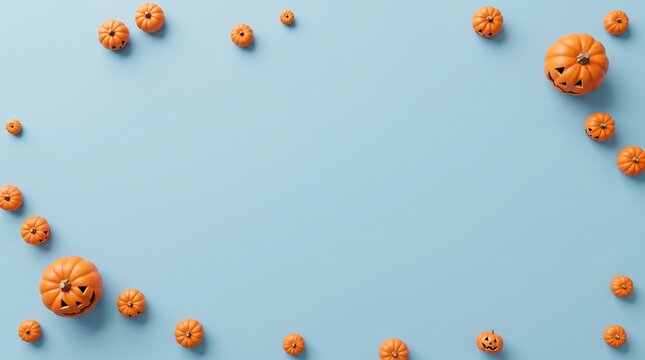 Scattered halloween pumpkins blue background concept with empty space flat lay.