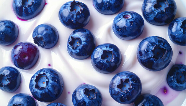 Blueberry yogurt bursting with fresh berry texture, ultra close macro food detail