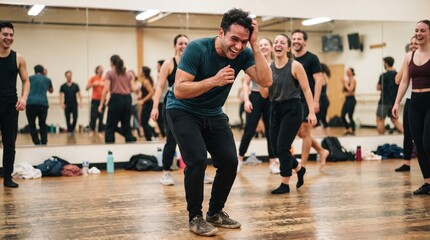 Fototapeta premium Group of dancers laughing and rehearsing in a studio