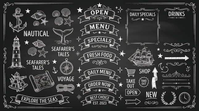 Nautical chalkboard menu elements, vintage sea illustrations on black board, restaurant banner set with lighthouse and anchor