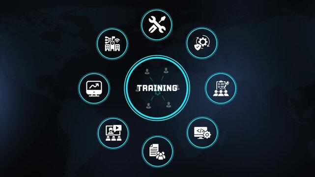 Training business concept with employee learning, professional education, team development, corporate skills and digital workplace technology icons