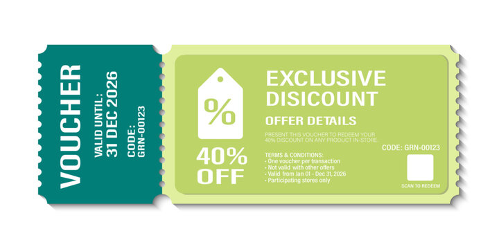 Green and yellow voucher with discount offer details displayed