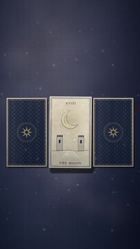 Vertical tarot reading loop: three hand drawn cards flip one by one on dark blue velvet cloth, mystic candlelit background with copy space