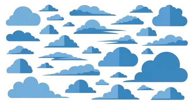 Blue cloud solid icon set containing icons for cumulus stratus cirrus rain cloud and weather symbol for meteorology and climate studies. Flat vector graphics collection