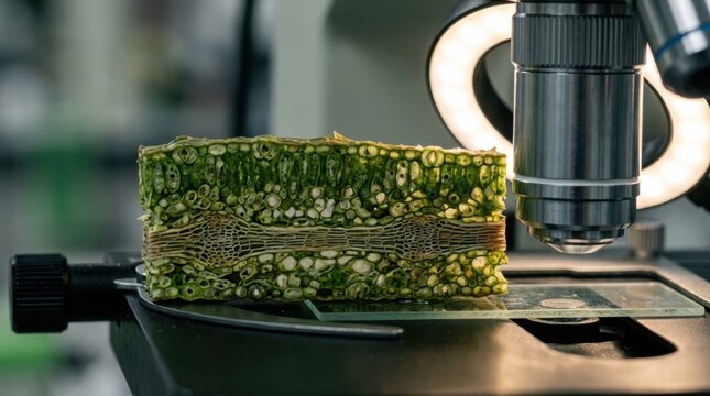 Leaf tissue layers with vein bundles and stomata beside a microscope objective and led ring light