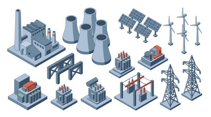Fototapeta premium Dynamic Isometric of Modern Power Generation and Electrical Infrastructure with Wind Turbines Solar Panels Power Plants and Transmission Towers