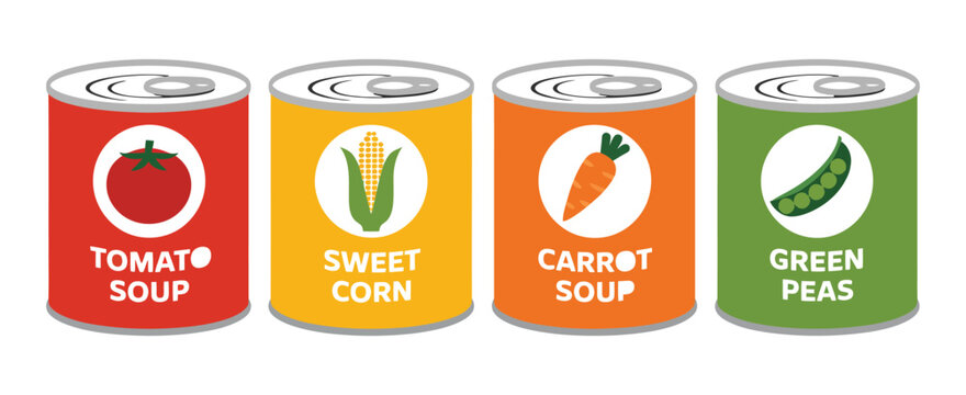 Colorful Canned Goods Including Vegetables in Flat Design, Assorted Food Containers for Grocery, Kitchen and Pantry Storage