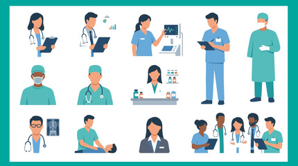 Fototapeta premium Healthcare Medical Professionals Icon Collection with Doctors, Nurses and Healthcare Workers
