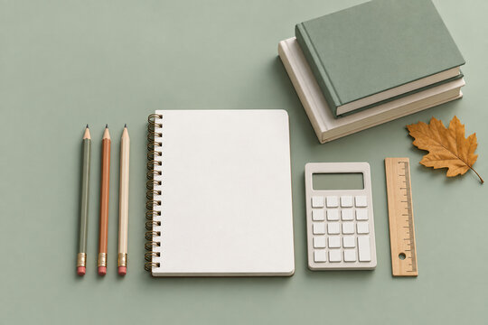 Autumn back to school supplies with blank notebook and pencils