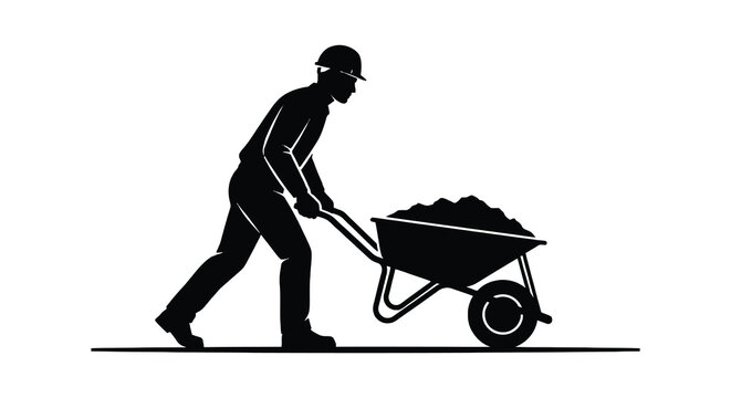 Worker pushing wheelbarrow black silhouette against a white background laborer