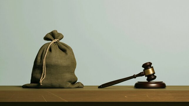 Money bag and a judges gavel on a wooden table, featuring coarse burlap and polished wood textures with copy space for legal and debt concepts