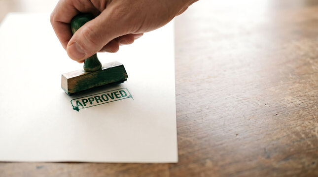 Close-up of a person stamping an approved document on a wooden desk in an office environment