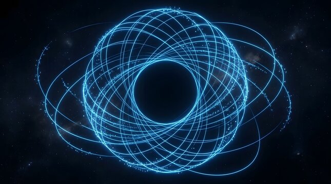 An abstract digital vortex composed of radiant glowing blue lines and circles illustrates data flow network connections and advanced futuristic technology ideas