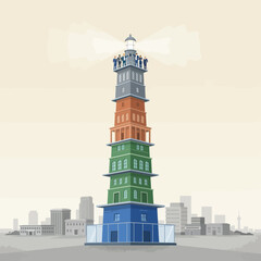 Obraz premium Conceptual lighthouse business tower, colorful corporate building with light beam, professional team on skyscraper balcony vector