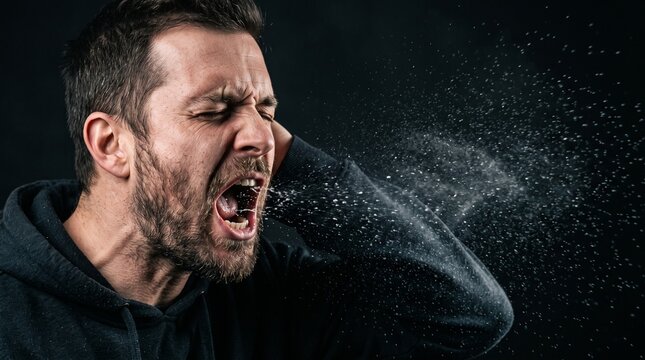 Man Expressing Intense Emotional Outburst Against Dark Background.