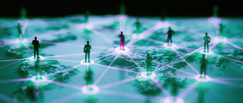 Global network map with small human figures connected by glowing translucent fibers on a plasma blue surface for digital connectivity and data exchange