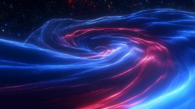 Abstract blue and pink light waves swirl through a dark cosmic particle field. Technology presentations, science media, and digital title sequences.