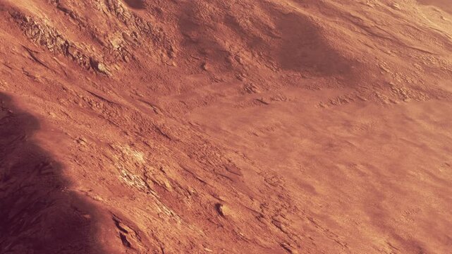 A vast, reddish landscape stretches out under a soft light, revealing rugged hills and uneven ground. This alien terrain invites exploration, showcasing its unique features and colors.