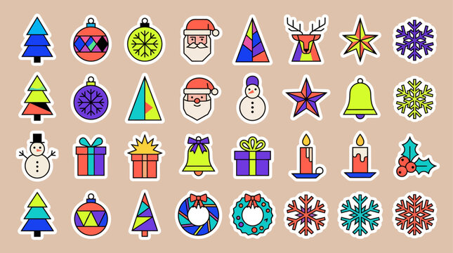 Geometric Christmas Sticker Collection - Abstract Santa Claus, Reindeer, Trees, and Snowflakes Vector