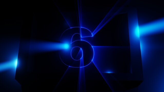 Sci-fi neon number 6 countdown with bright blue light rays