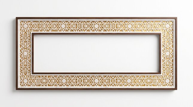Islamic geometric gold frame with intricate arabesque patterns, luxury golden border for certificates and invitations, elegant middle eastern ornamental frame, decorative gold floral border art.