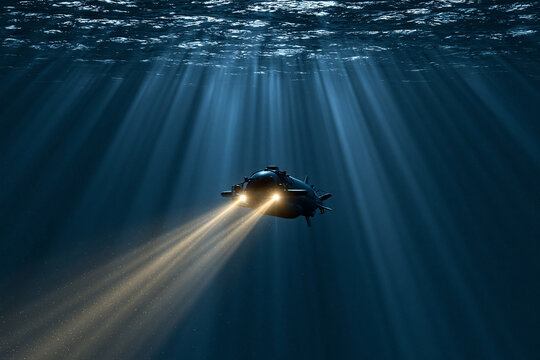 Autonomous Underwater Vehicle Suspended in Deep Ocean Water illuminated by Sunbeams
