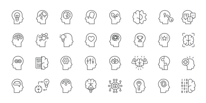 Human Mind Process icons in line design. human mind, brain, thinking, cognition, psychology, memory, ideas on white background vector. Human Mind Process editable stroke icons.