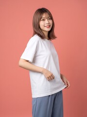 Obraz premium Attractive Young Asian Woman Posing in Blank White Oversized T-Shirt Mockup
