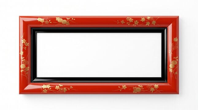 Traditional Japanese lacquerware frame with red and gold floral patterns, elegant oriental border for art display, glossy red frame with black inner trim, decorative Asian style picture frame.