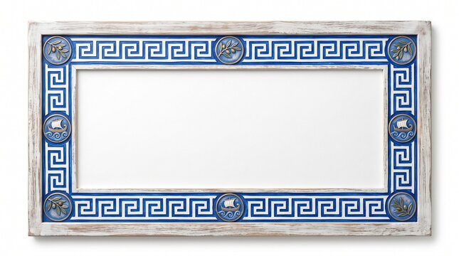 Greek key pattern picture frame with blue meander border and white wooden texture. Mediterranean style photo frame for travel memories. Decorative ancient Greece motif border for wall art