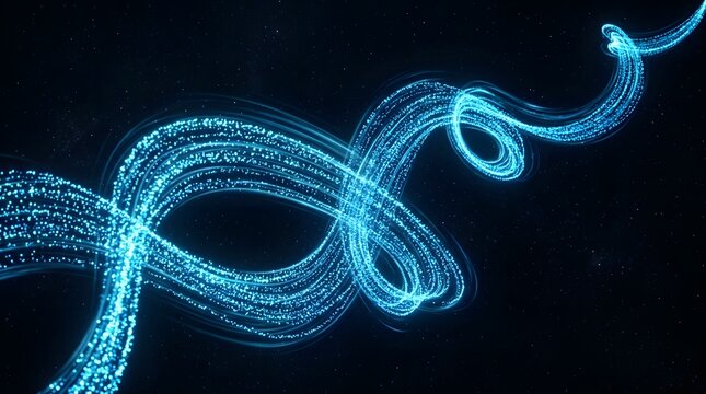 An abstract design of flowing bright blue light trails forming a dynamic and energetic ribbon like shape on a dark and blurred backdrop