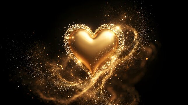 A brilliant golden heart shaped light effect shines brightly against a dark backdrop representing love passion and warmth with a beautiful magical glowing aura