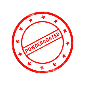 Powdercoated red rubber stamp icon, circular industrial quality seal with stars, manufacturing certification symbol on white background