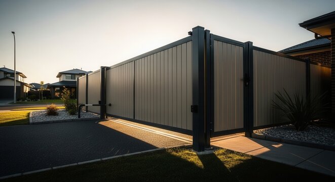 Modern Automatic Driveway Gate Entrance And Suburban Homes At Sunset