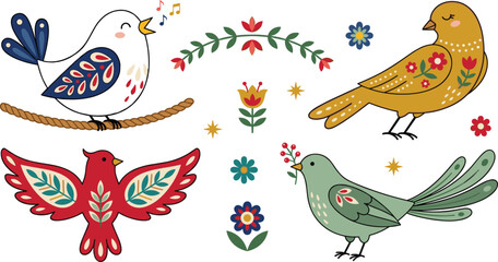 Fototapeta premium Folk Art Bird Vector Illustration Set Featuring Colorful Scandinavian Floral Style Pattern Design Elements for Greeting Cards, Backgrounds, and Home Decor Fabric Print