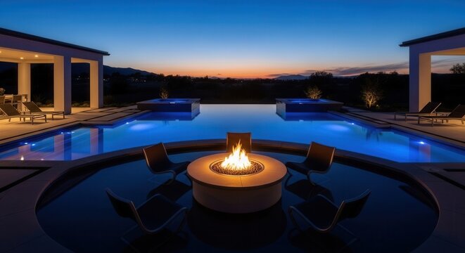 Luxury Modern Infinity Pool With Fire Pit At Dusk With Mountain Vista