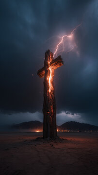 Extreme fish-eye lens perspective scene, lightning bolt striking a tall wooden cross standing alone in the vast desert, nighttime, cross erupting in vivid flames, dark stormy sky, distant mountains.