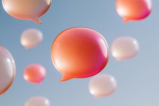 Large orange speech bubble floating among smaller pink spheres on a luminous blue digital plane, featuring glass reflections for messaging and social media banners