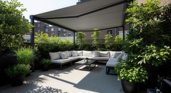 Modern Rooftop Terrace With Outdoor Lounge And Lush Greenery
