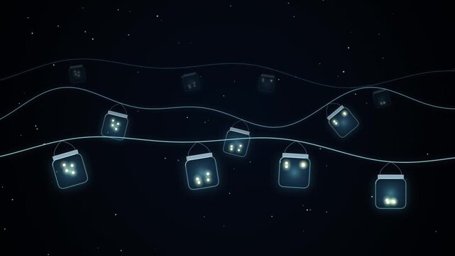 Glowing Hanging Mason Jar Lights With Fireflies Floating In A Dark Night Sky Magical Atmosphere